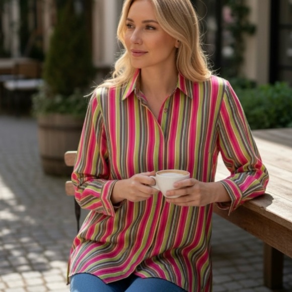 Foxcroft Tops - Foxcroft Striped Long Sleeve Button Down Shirt Size 14